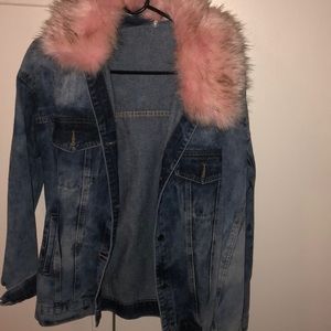 F21 Faux pink Fur trimmed collar Jean Jacket